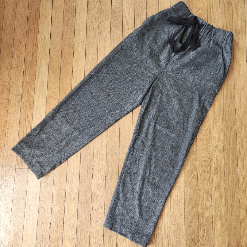 Zara Wool Blend Herringbone Loose Black Bow Tie Drawstring Waist Trouser Pants